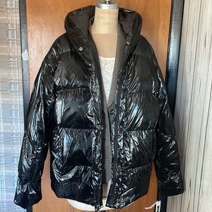 River Stone puffer black hooded zip stylish jacket in Medium